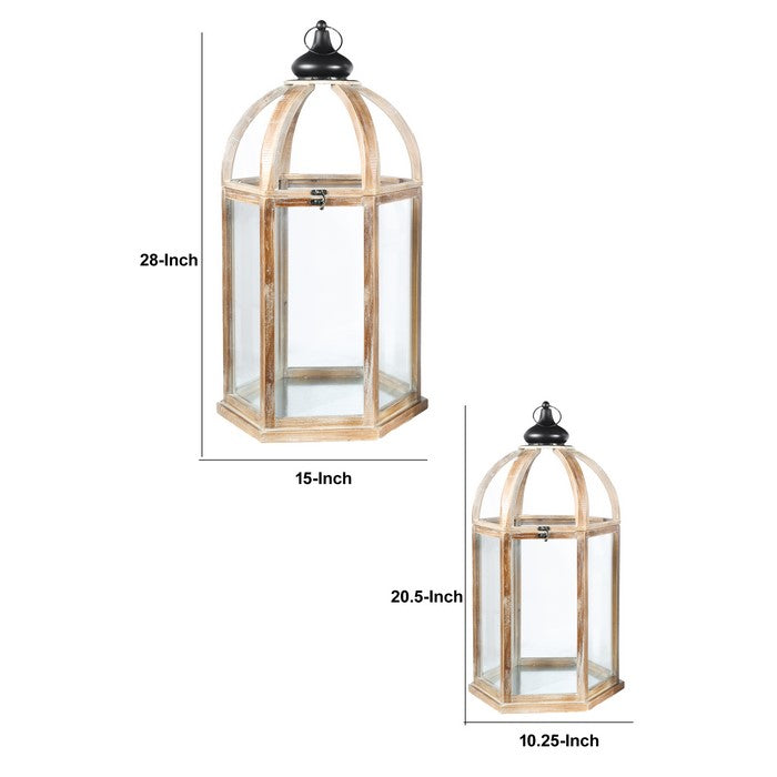 Wooden Hexagonal Lantern with Arc Top, Set of Two, Brown