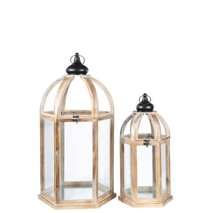 Wooden Hexagonal Lantern with Arc Top, Set of Two, Brown