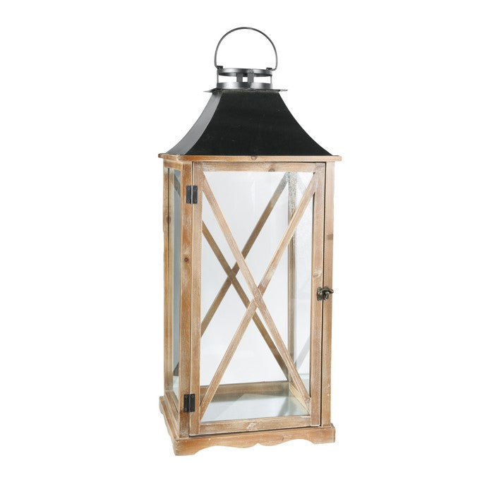 Wooden Square Lantern with Metal Top, Set of Two, Brown and Gray