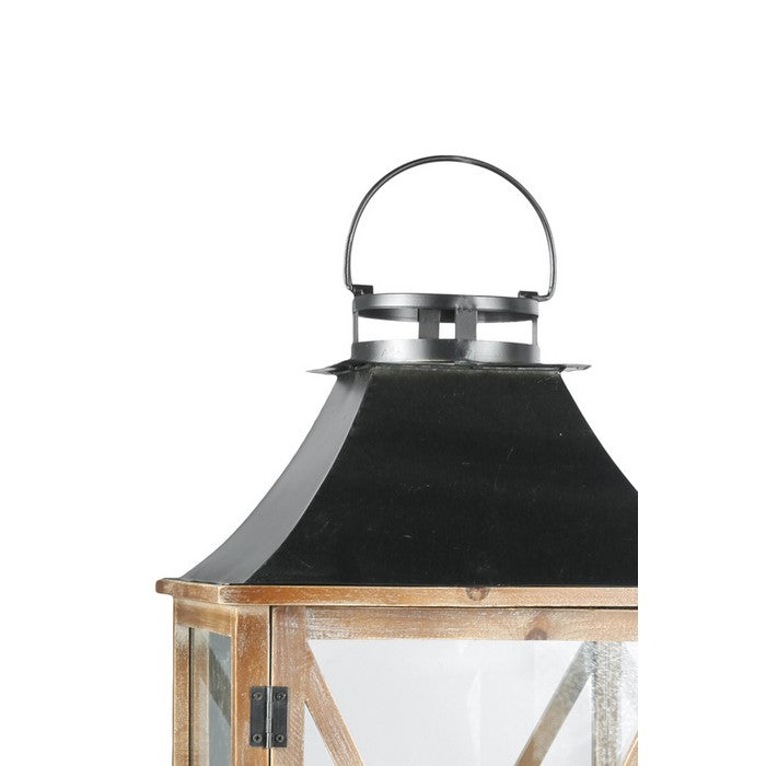 Wooden Square Lantern with Metal Top, Set of Two, Brown and Gray