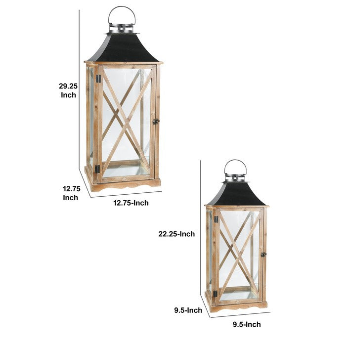 Wooden Square Lantern with Metal Top, Set of Two, Brown and Gray