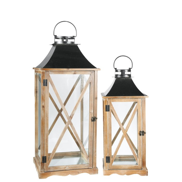 Wooden Square Lantern with Metal Top, Set of Two, Brown and Gray
