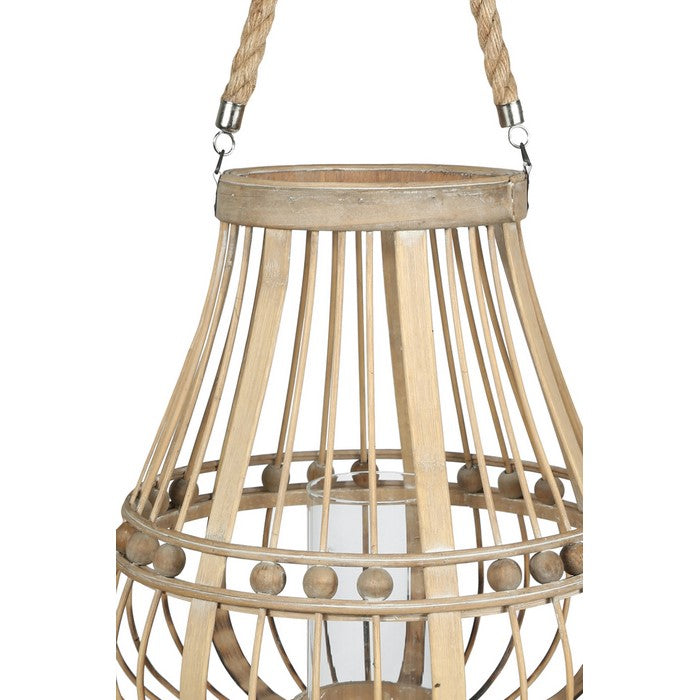 Wooden Bellied Round Lantern with Lattice Beads Design, Large, Brown