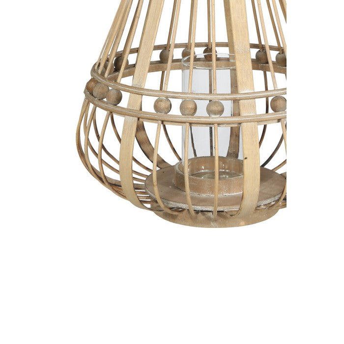 Wooden Bellied Round Lantern with Lattice Beads Design, Large, Brown