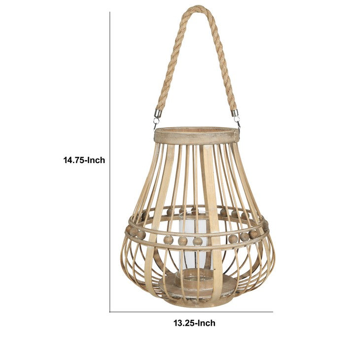 Wooden Bellied Round Lantern with Lattice Beads Design, Large, Brown
