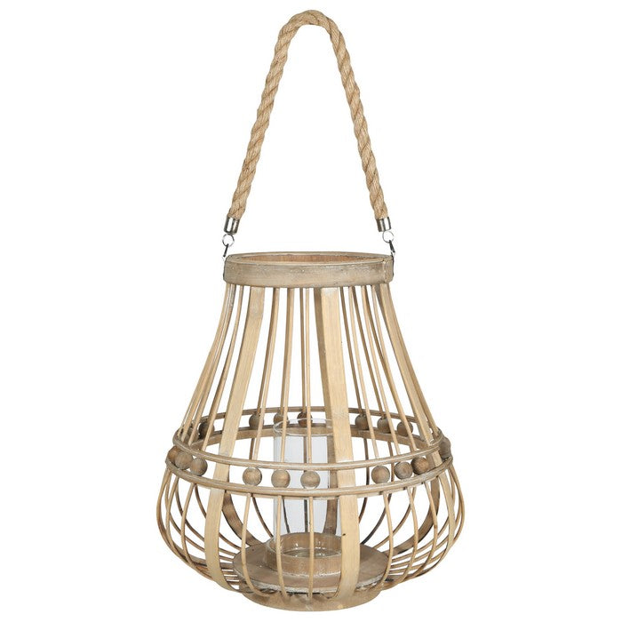 Wooden Bellied Round Lantern with Lattice Beads Design, Large, Brown