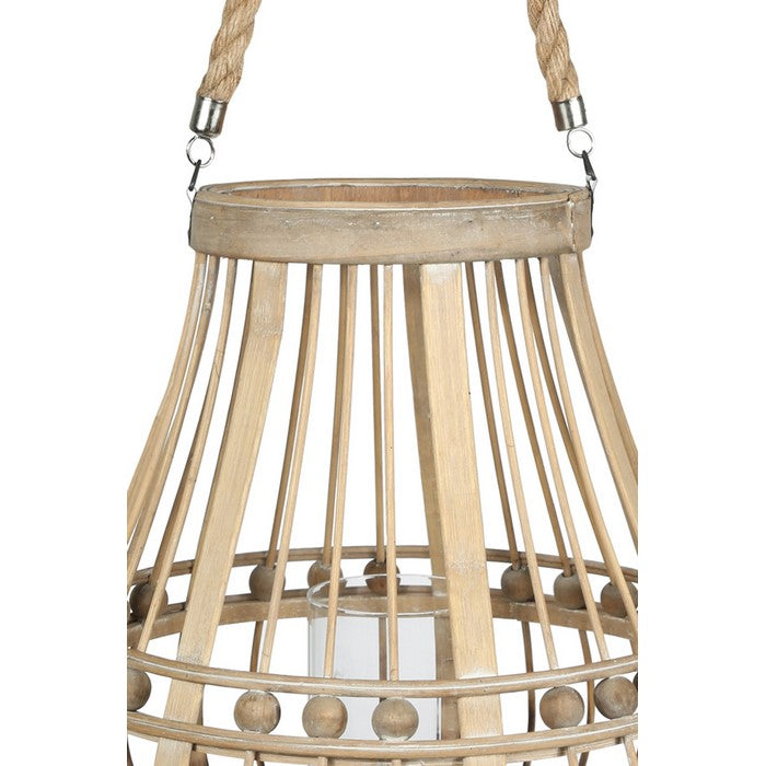 Wooden Bellied Round Lantern with Lattice Beads Design, Small, Brown