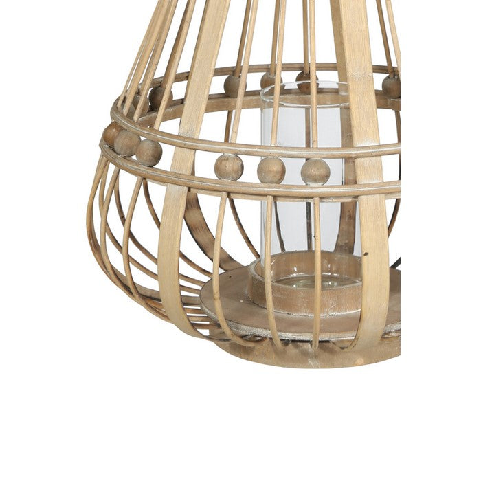 Wooden Bellied Round Lantern with Lattice Beads Design, Small, Brown