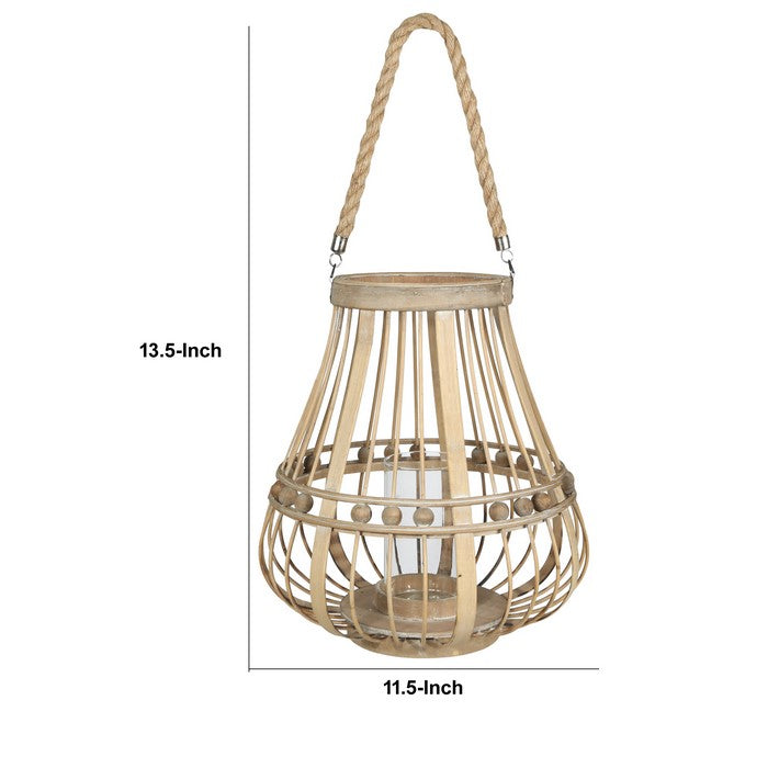 Wooden Bellied Round Lantern with Lattice Beads Design, Small, Brown