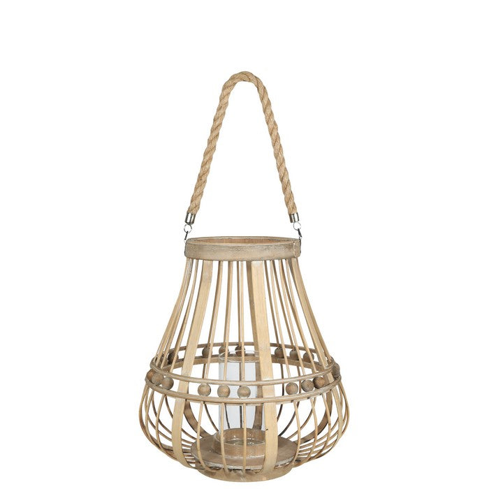 Wooden Bellied Round Lantern with Lattice Beads Design, Small, Brown