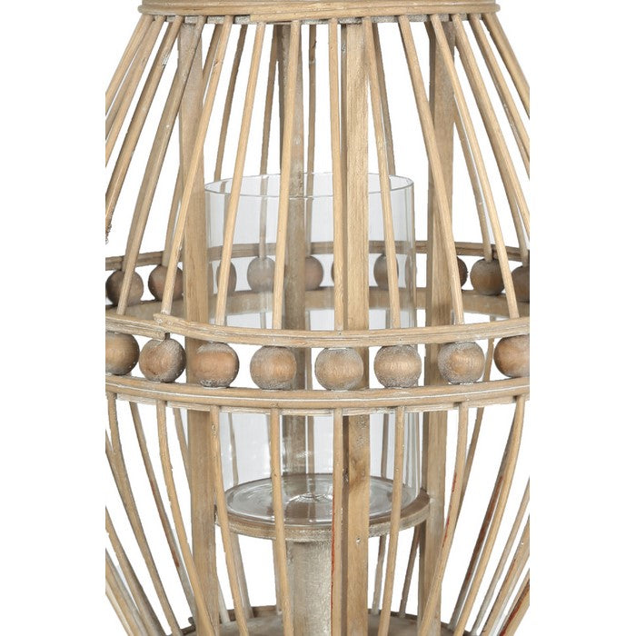 Wooden Round Lantern with Beads and Tapered Bottom, Brown