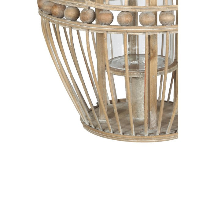 Wooden Round Lantern with Beads and Tapered Bottom, Brown