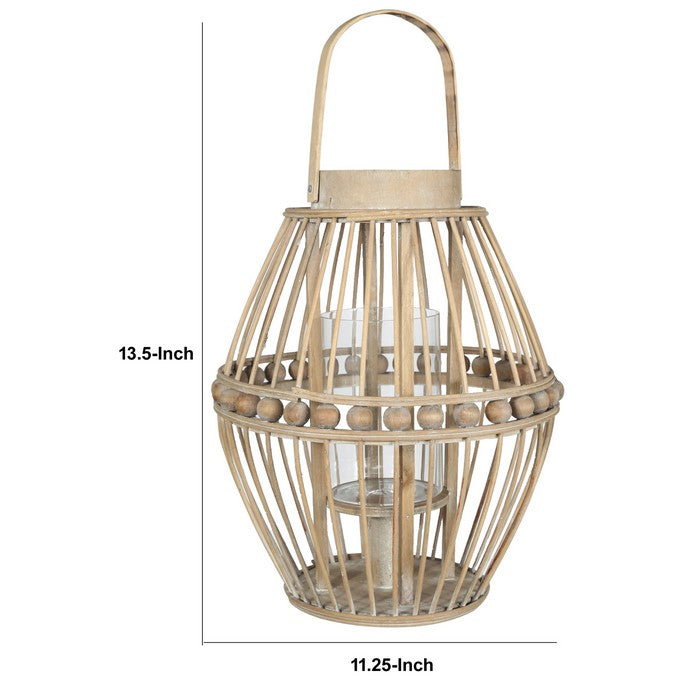 Wooden Round Lantern with Beads and Tapered Bottom, Brown