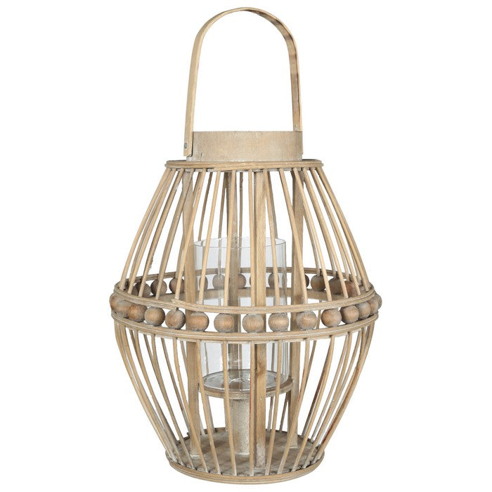 Wooden Round Lantern with Beads and Tapered Bottom, Brown