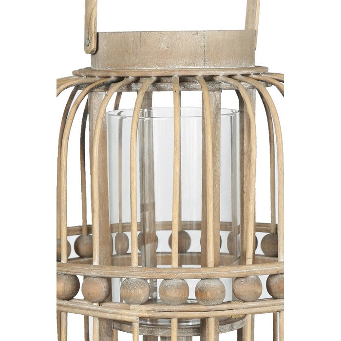 Wooden Cylindrical Lantern with Vertical Lattice Design and Beads, Brown