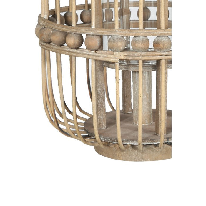 Wooden Cylindrical Lantern with Vertical Lattice Design and Beads, Brown