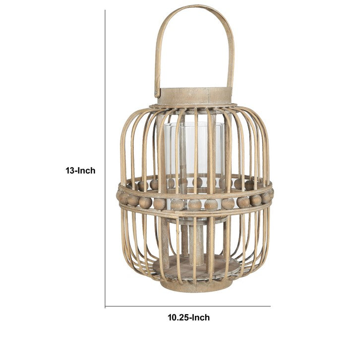Wooden Cylindrical Lantern with Vertical Lattice Design and Beads, Brown