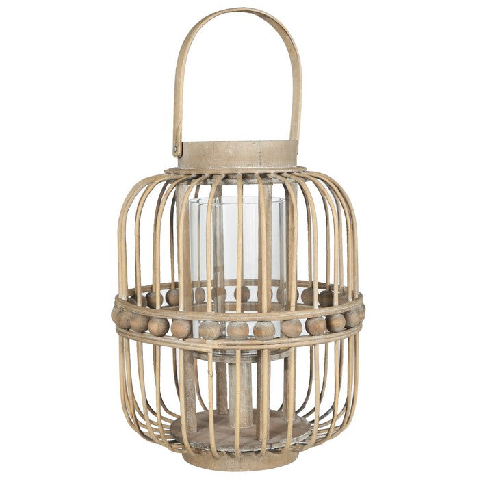 Wooden Cylindrical Lantern with Vertical Lattice Design and Beads, Brown
