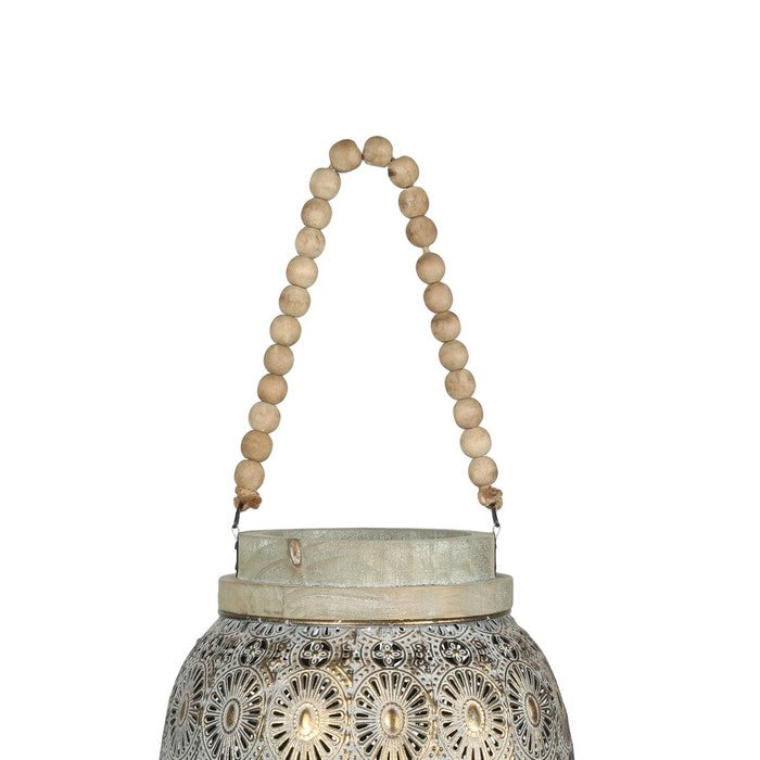 Floral Pierced Metal Lantern with Beaded Handle, Large, Gold
