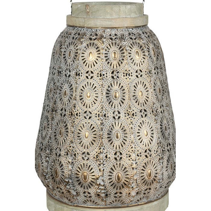 Floral Pierced Metal Lantern with Beaded Handle, Large, Gold
