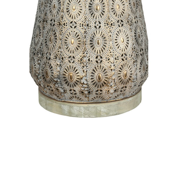 Floral Pierced Metal Lantern with Beaded Handle, Large, Gold