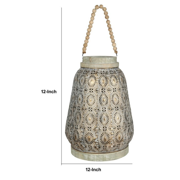 Floral Pierced Metal Lantern with Beaded Handle, Large, Gold