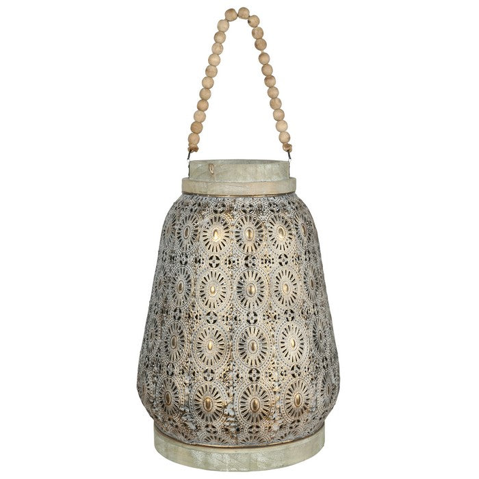 Floral Pierced Metal Lantern with Beaded Handle, Large, Gold