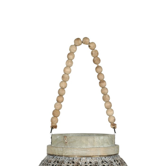 Floral Pierced Metal Lantern with Beaded Handle, Small, Gold