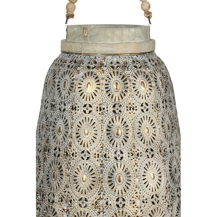 Floral Pierced Metal Lantern with Beaded Handle, Small, Gold