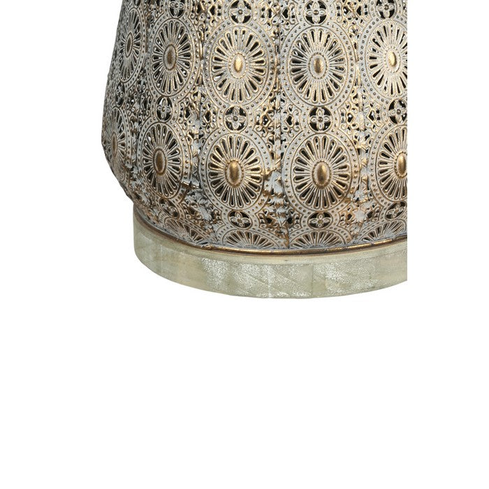 Floral Pierced Metal Lantern with Beaded Handle, Small, Gold