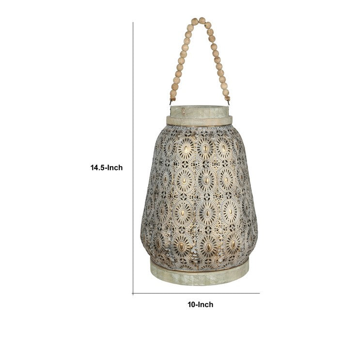 Floral Pierced Metal Lantern with Beaded Handle, Small, Gold