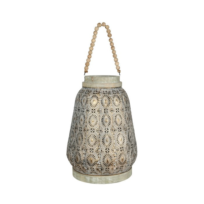 Floral Pierced Metal Lantern with Beaded Handle, Small, Gold