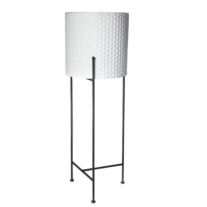 Metal Round Planter with Hammered Design and Tri Stand, Set of 3, White