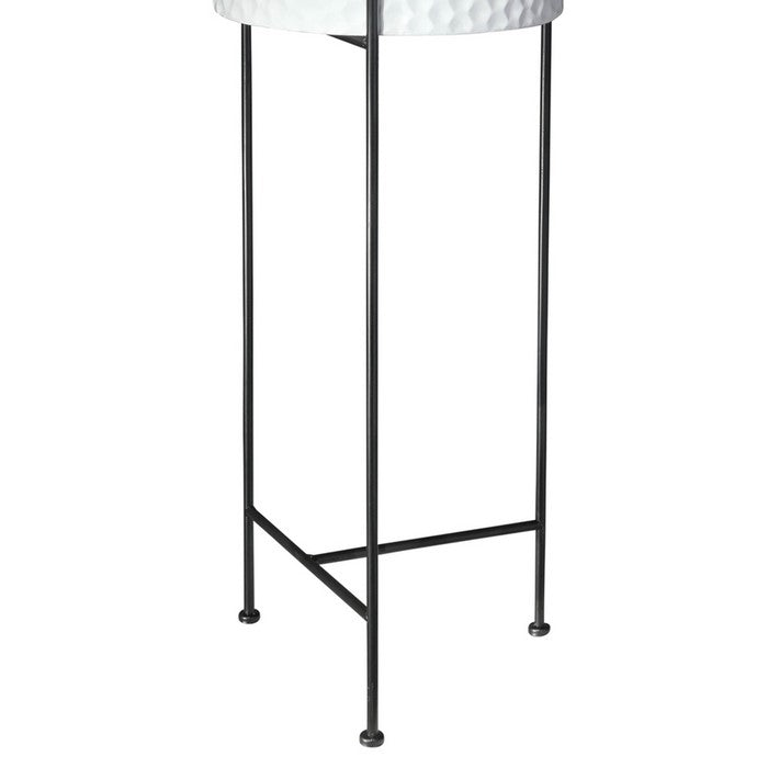 Metal Round Planter with Hammered Design and Tri Stand, Set of 3, White