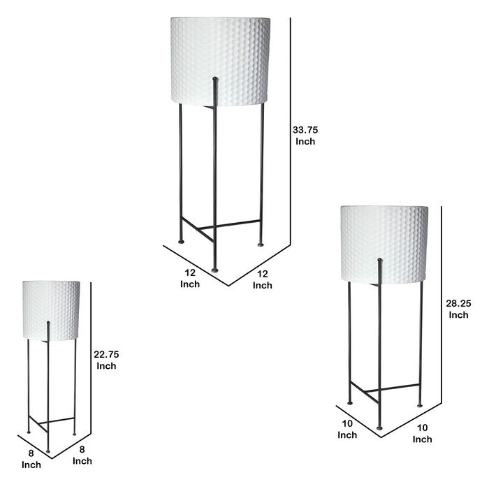Metal Round Planter with Hammered Design and Tri Stand, Set of 3, White