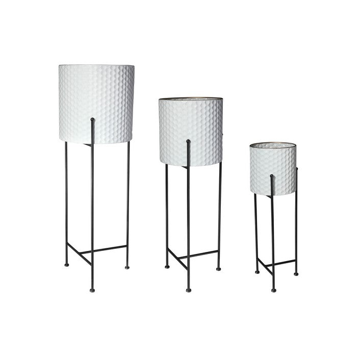 Metal Round Planter with Hammered Design and Tri Stand, Set of 3, White