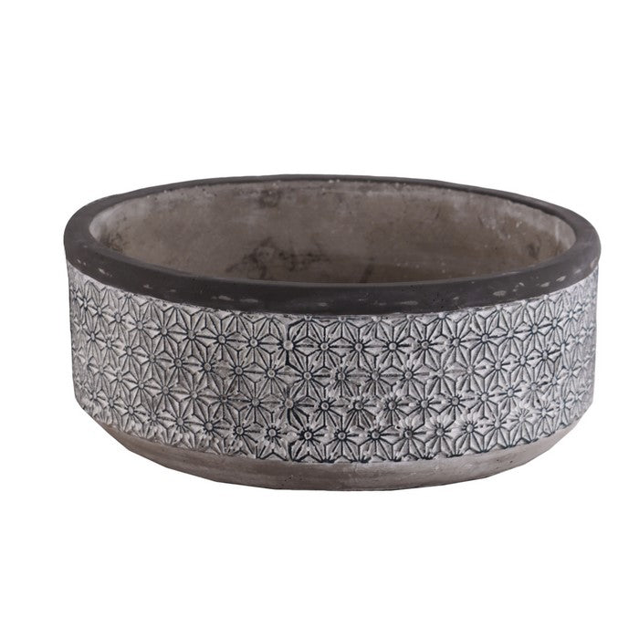 Cement Low Round Pot with Lattice Pattern and Tapered Base, Set of 2, Gray