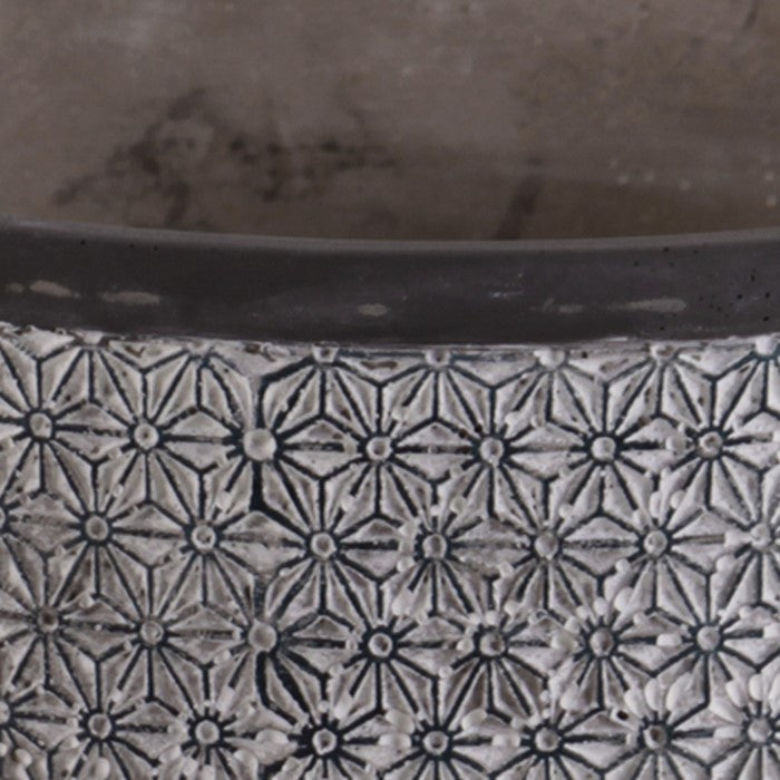 Cement Low Round Pot with Lattice Pattern and Tapered Base, Set of 2, Gray