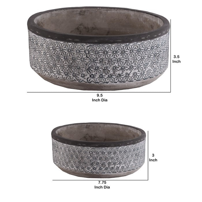 Cement Low Round Pot with Lattice Pattern and Tapered Base, Set of 2, Gray