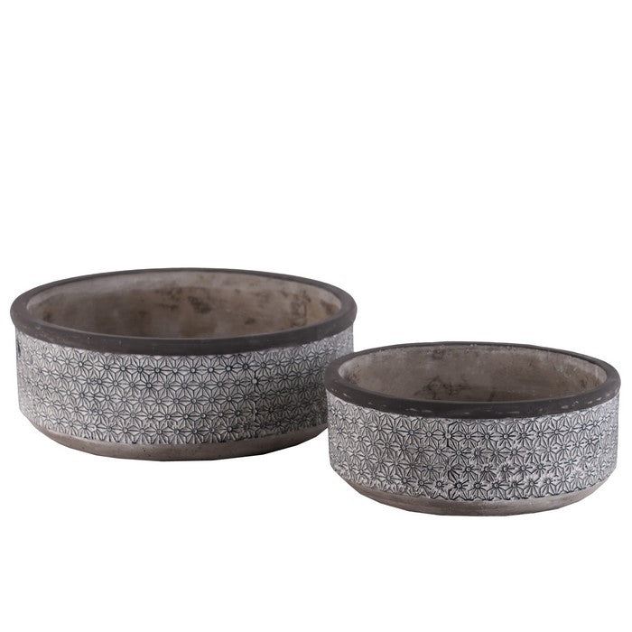 Cement Low Round Pot with Lattice Pattern and Tapered Base, Set of 2, Gray