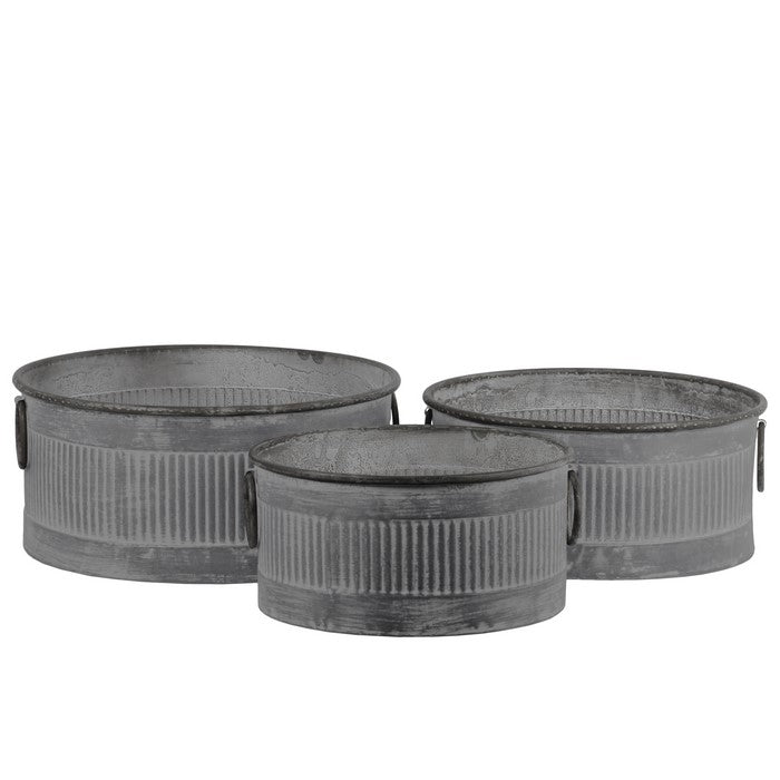 Round Shaped Zinc Storage Bin with Reeded Pattern, Set of 3, Gray