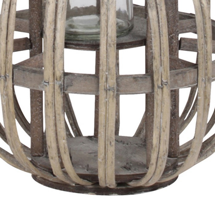 Lattice Design Round Lantern with Glass Hurricane Candle Holder,Small,Brown