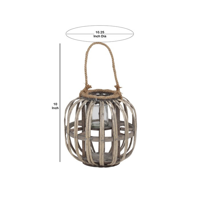 Lattice Design Round Lantern with Glass Hurricane Candle Holder,Small,Brown