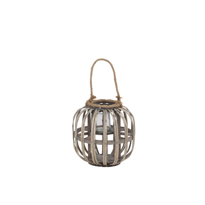Lattice Design Round Lantern with Glass Hurricane Candle Holder,Small,Brown