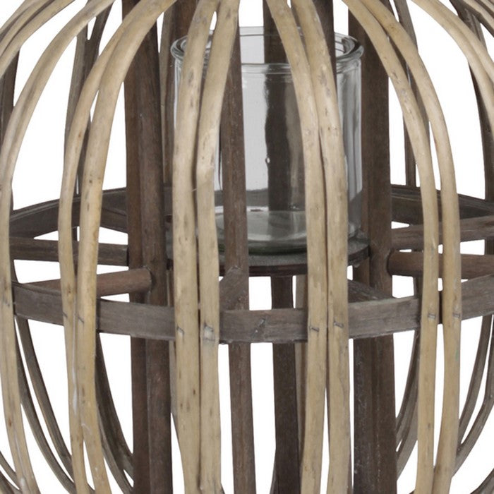 Lattice Design Round Lantern with Glass Candle Holder, Medium, Brown