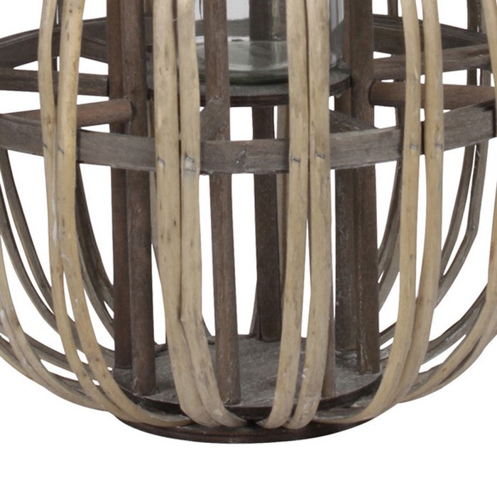 Lattice Design Round Lantern with Glass Candle Holder, Medium, Brown
