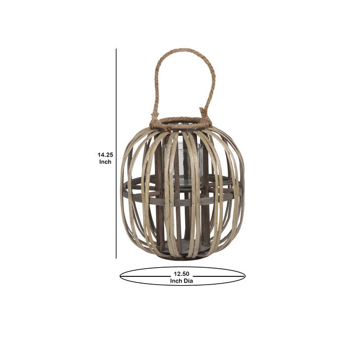Lattice Design Round Lantern with Glass Candle Holder, Medium, Brown