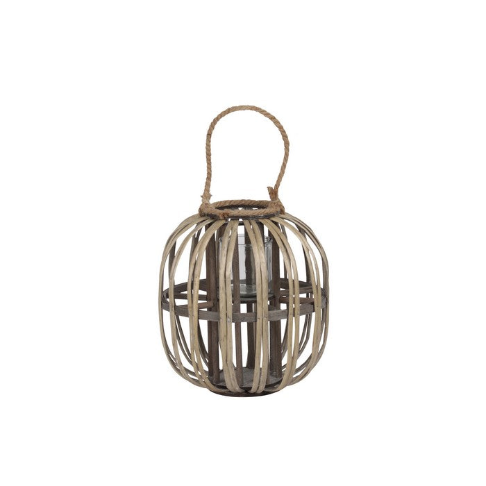 Lattice Design Round Lantern with Glass Candle Holder, Medium, Brown