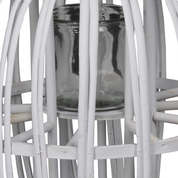Lattice Design Round Lantern with Glass Candle Holder, Large, White