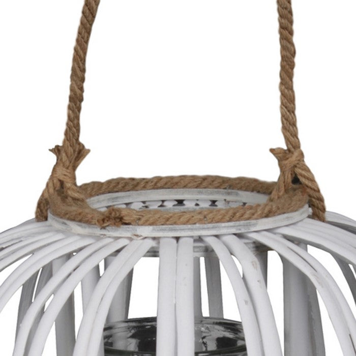 Lattice Design Round Lantern with Glass Candle Holder, Large, White